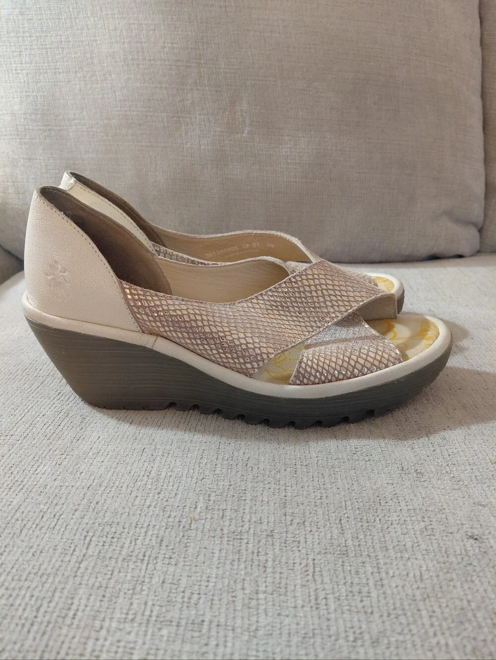Fly London Cream Metallic Wedge Sandals